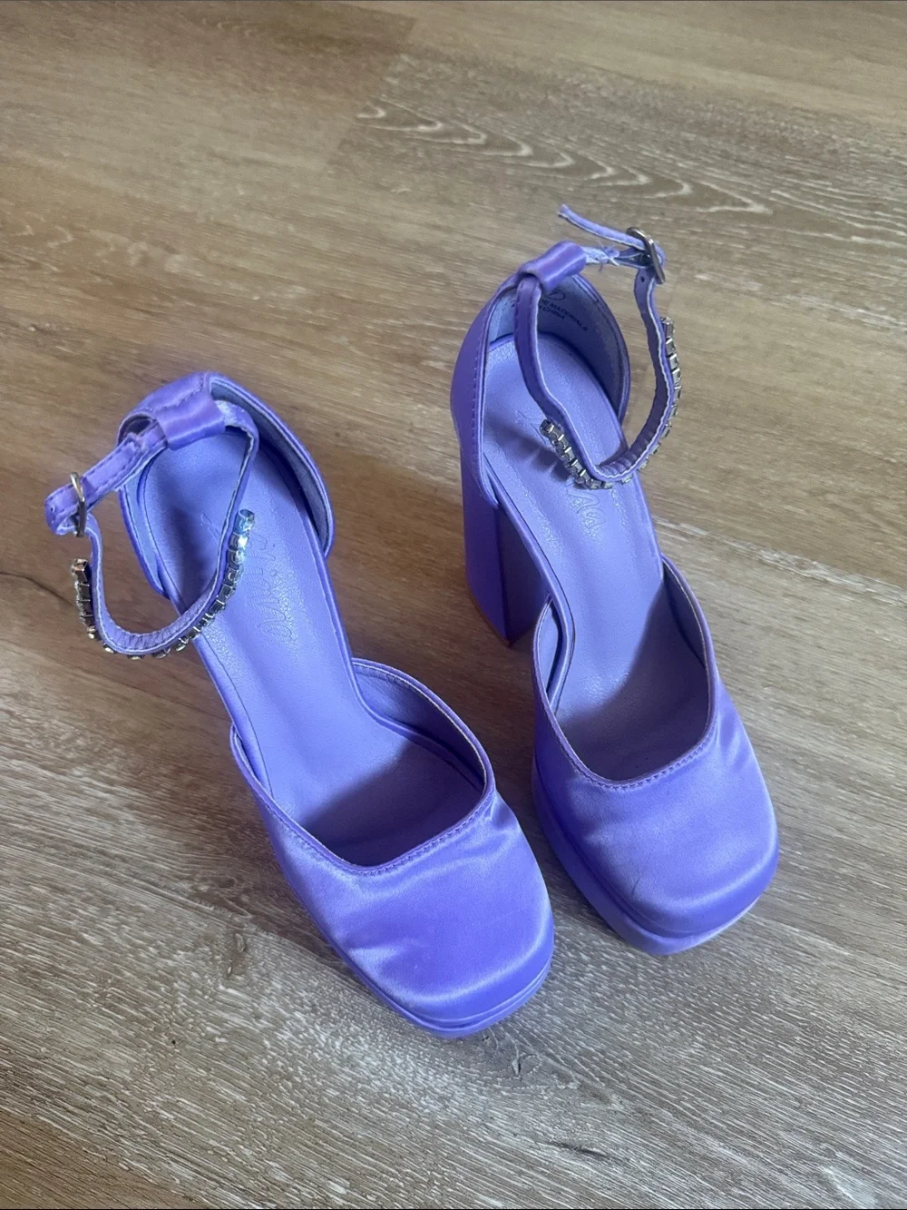 Satin lavender Platform Block Heel Sandals in Purple with Rhinestone Ankle Strap